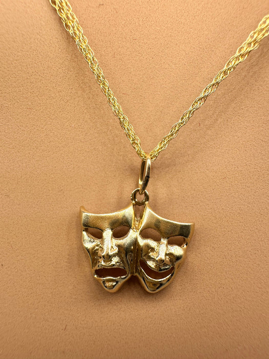 Gold Necklace Comedy/Tragedy- Happy/Sad  Face , 18"-EZ Jewelry and Decor