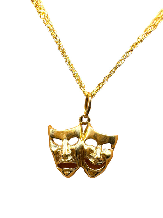 Gold Necklace Comedy/Tragedy- Happy/Sad  Face , 18"-EZ Jewelry and Decor