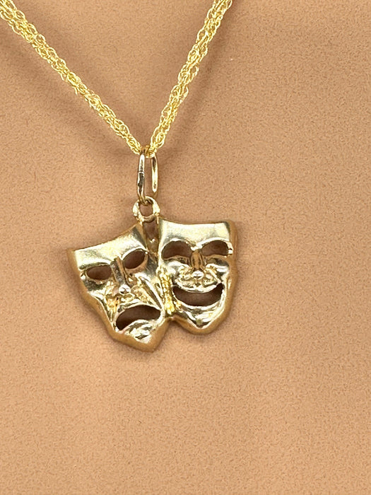 Gold Necklace Comedy/Tragedy- Happy/Sad  Face , 18"-EZ Jewelry and Decor