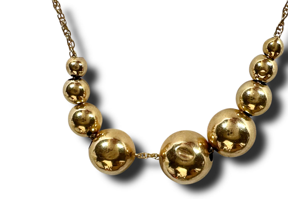 14k Bead Necklace, Graduated Sizes Round Beads, 14k Gold Degrade Polished Balls Necklace