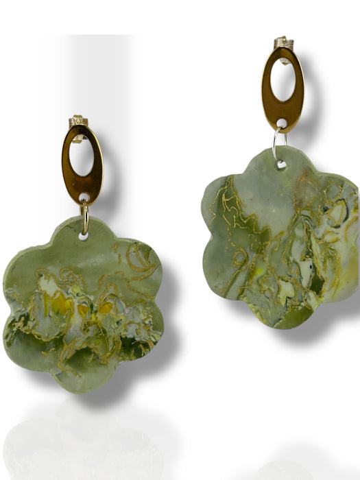 Handmade Modern Earrings, Three Different Flower Design, Dangle Earrings, Black and White Earrings, Green and Gold Earrings, Polymer Clay Earrings