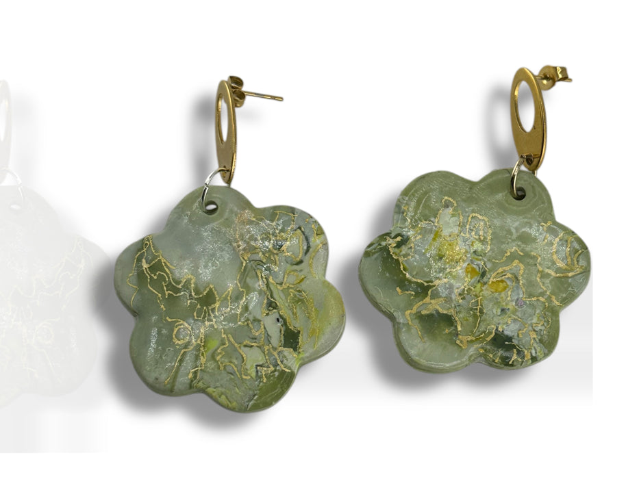 Handmade Modern Earrings, Three Different Flower Design, Dangle Earrings, Black and White Earrings, Green and Gold Earrings, Polymer Clay Earrings