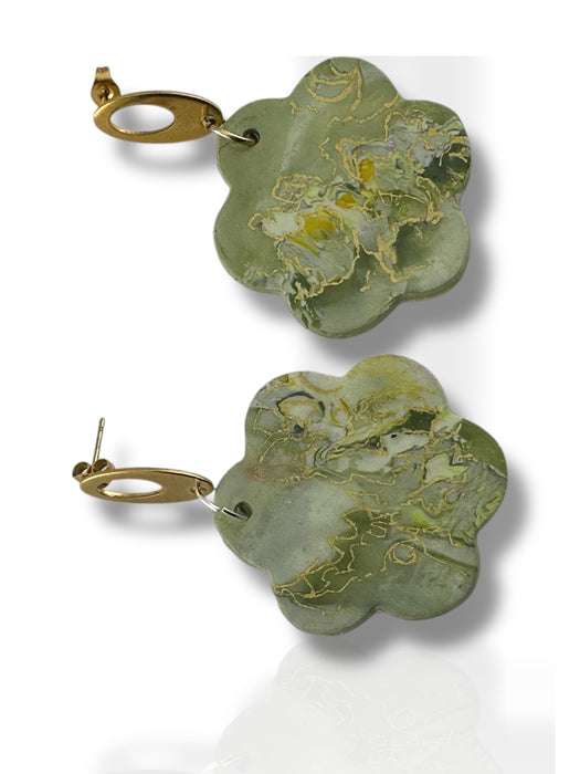 Handmade Modern Earrings, Three Different Flower Design, Dangle Earrings, Black and White Earrings, Green and Gold Earrings, Polymer Clay Earrings