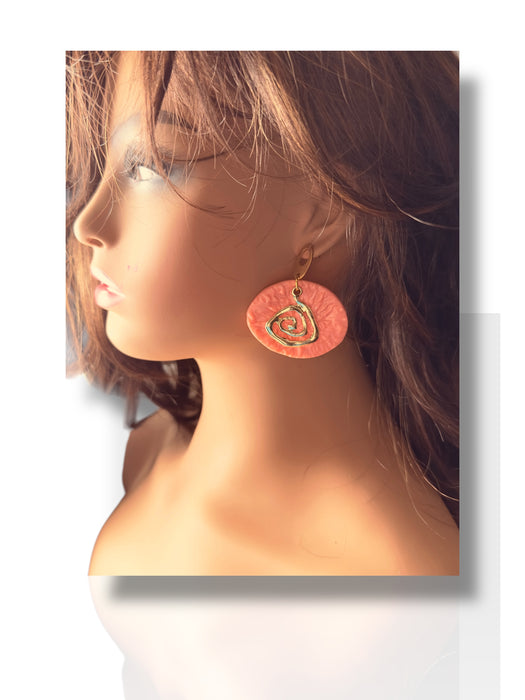 Handmade Modern Earrings, Polymer Clay, Modern Textured Earrings, Statement Earrings, Dangle Earrings, Peach and Gold Earrings 2”