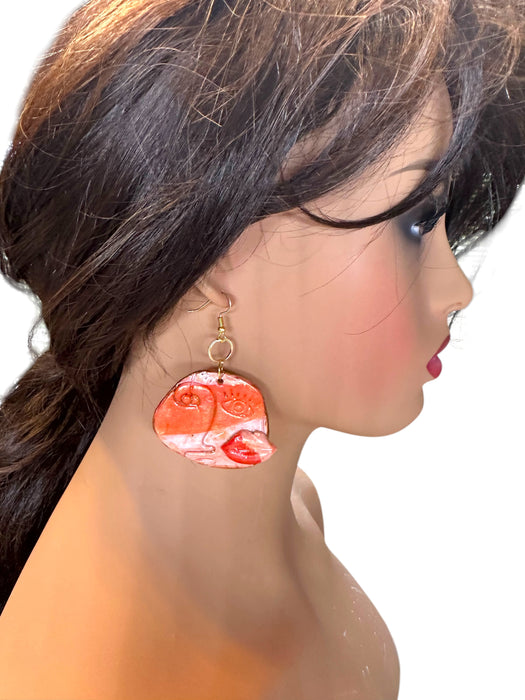 Kiss Abstract on Faces Earrings, Unique Handmade Modern Jewelry , Lip Earrings, Handmade Polymer Clay Earrings, Modern Earrings, Orange and Red Earrings, Artistic Design,Handmade Modern Jewelry