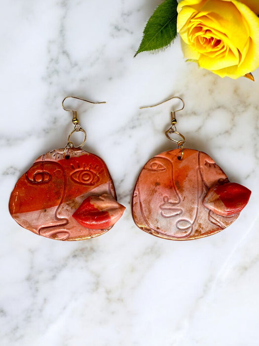 Kiss Abstract on Faces Earrings, Unique Handmade Modern Jewelry , Lip Earrings, Handmade Polymer Clay Earrings, Modern Earrings, Orange and Red Earrings, Artistic Design,Handmade Modern Jewelry