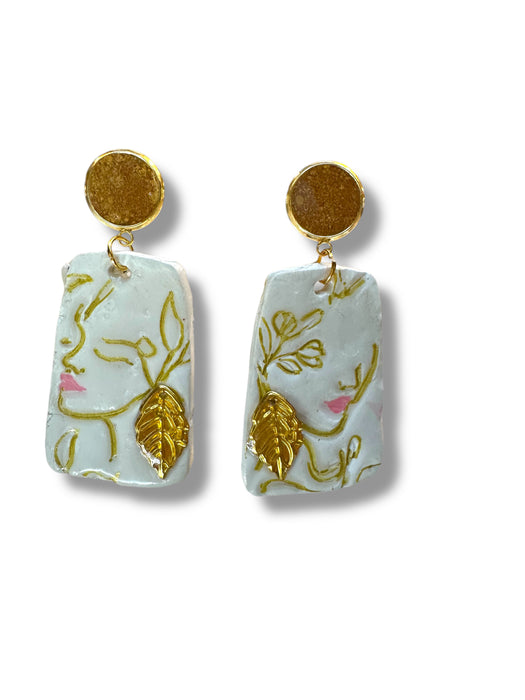 Handmade Polymer Clay Modern Face Design Jewelry, White and Gold Hand Painted , different design available