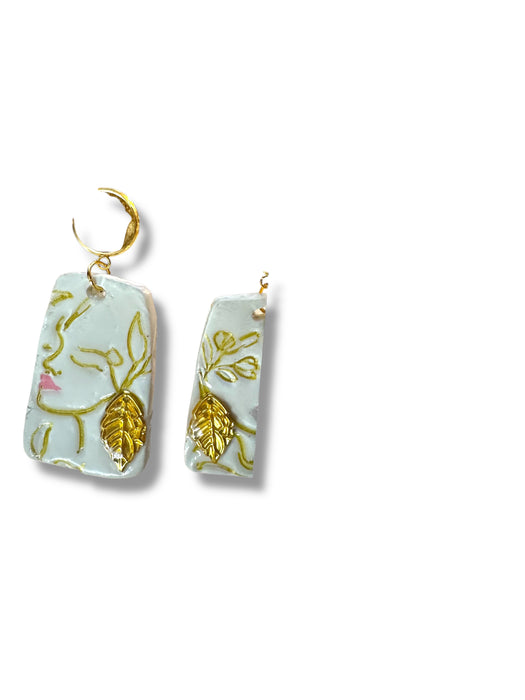 Handmade Polymer Clay Modern Face Design Jewelry, White and Gold Hand Painted , different design available