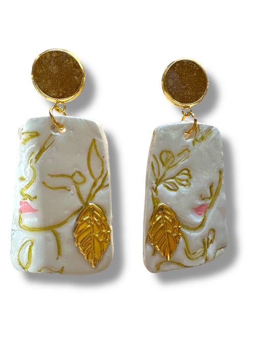 Handmade Polymer Clay Modern Face Design Jewelry, White and Gold Hand Painted , different design available