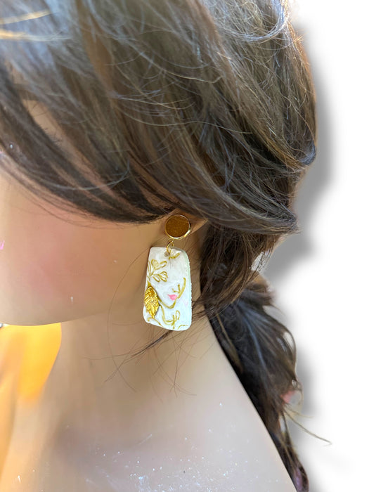 Handmade Polymer Clay Modern Face Design Jewelry, White and Gold Hand Painted , different design available