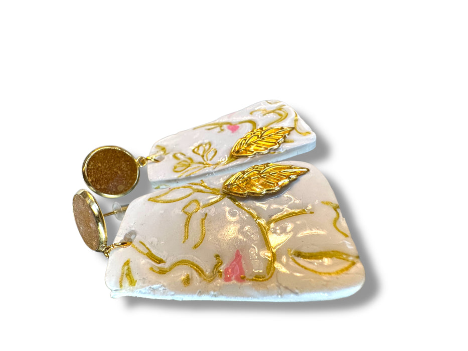 Handmade Polymer Clay Modern Face Design Jewelry, White and Gold Hand Painted , different design available