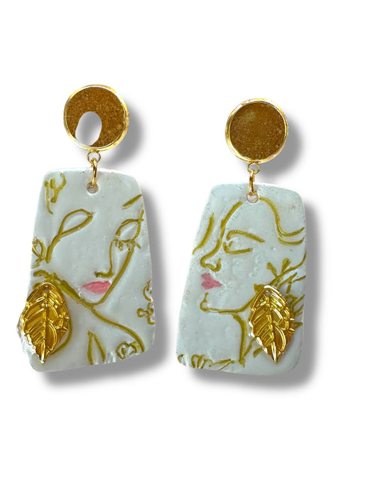 Handmade Polymer Clay Modern Face Design Jewelry, White and Gold Hand Painted , different design available
