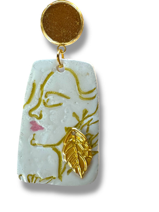 Handmade Polymer Clay Modern Face Design Jewelry, White and Gold Hand Painted , different design available
