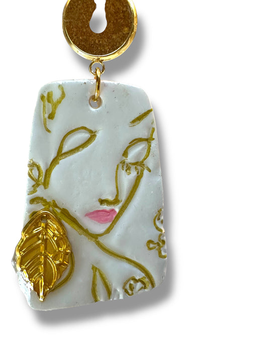 Handmade Polymer Clay Modern Face Design Jewelry, White and Gold Hand Painted , different design available