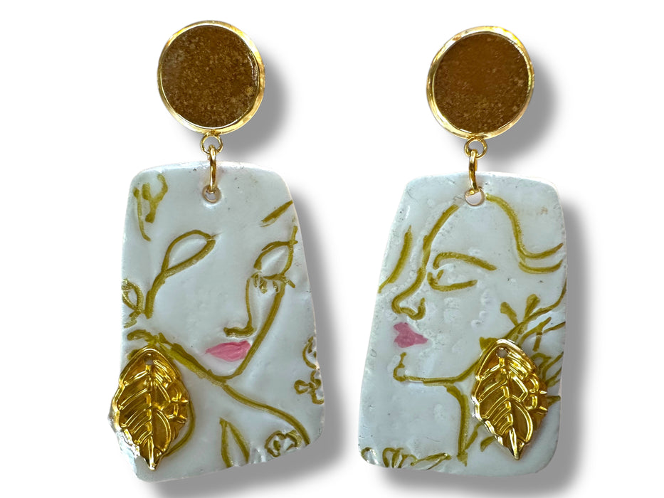 Handmade Polymer Clay Modern Face Design Jewelry, White and Gold Hand Painted , different design available