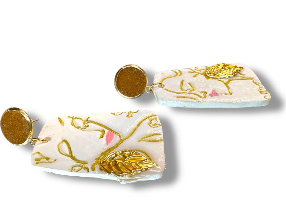Handmade Polymer Clay Modern Face Design Jewelry, White and Gold Hand Painted , different design available