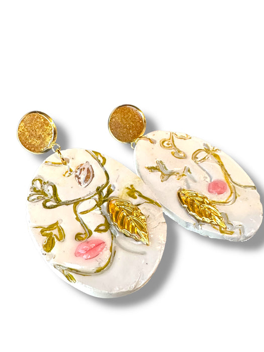Handmade Polymer Clay Modern Face Design Jewelry, White and Gold Hand Painted , different design available