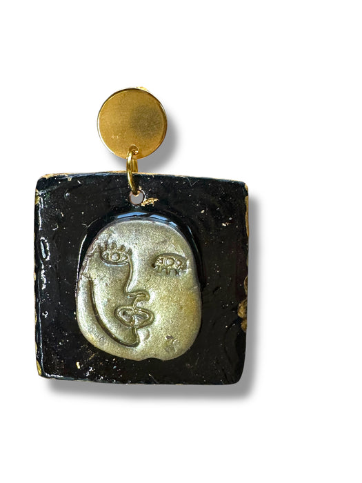 Handmade Modern Abstract Face Jewelry, Unique Gold and Black, Polymer Clay