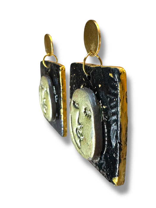 Handmade Modern Abstract Face Jewelry, Unique Gold and Black, Polymer Clay