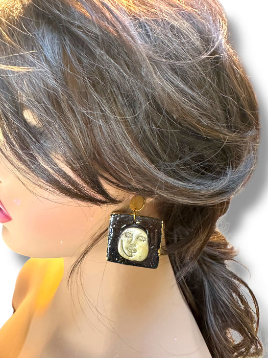 Handmade Modern Abstract Face Jewelry, Unique Gold and Black, Polymer Clay
