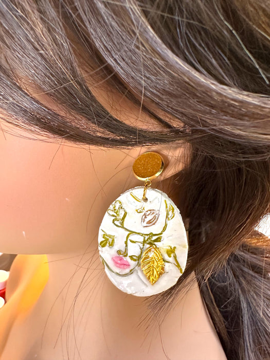 Handmade Polymer Clay Modern Face Design Jewelry, White and Gold Hand Painted , different design available