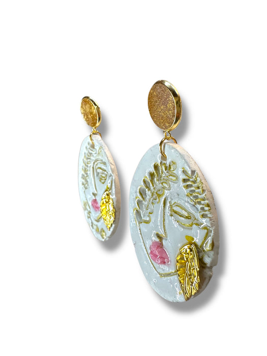 Handmade Polymer Clay Modern Face Design Jewelry, White and Gold Hand Painted , different design available