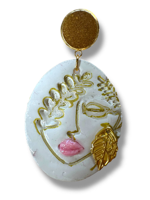 Handmade Polymer Clay Modern Face Design Jewelry, White and Gold Hand Painted , different design available