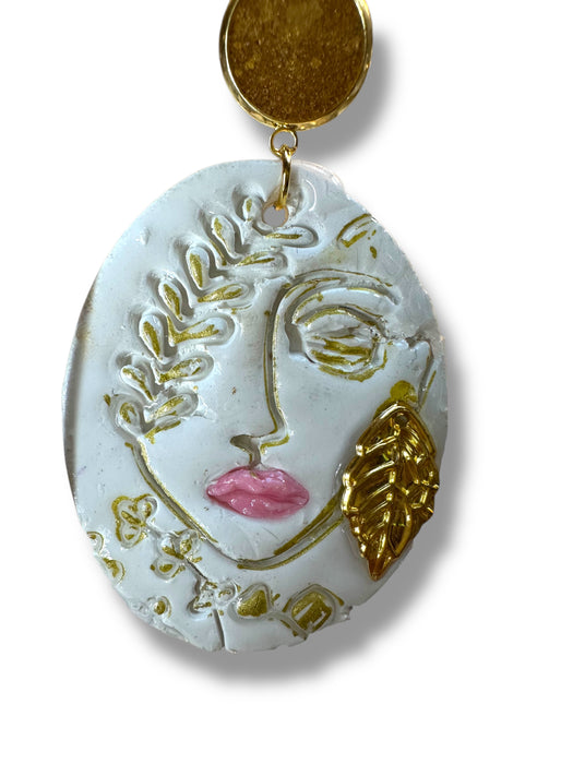 Handmade Polymer Clay Modern Face Design Jewelry, White and Gold Hand Painted , different design available