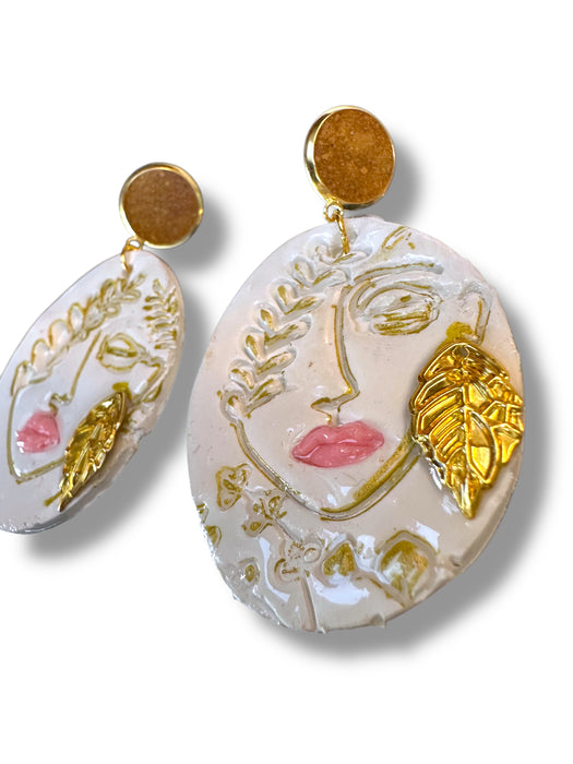 Handmade Polymer Clay Modern Face Design Jewelry, White and Gold Hand Painted , different design available