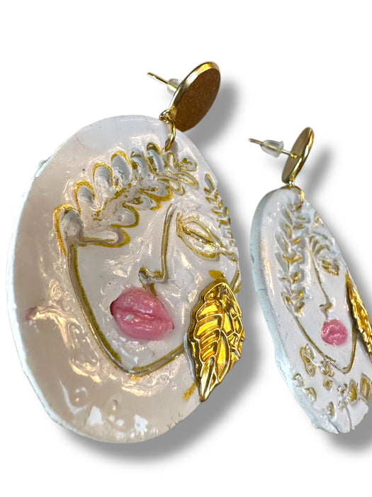 Handmade Polymer Clay Modern Face Design Jewelry, White and Gold Hand Painted , different design available