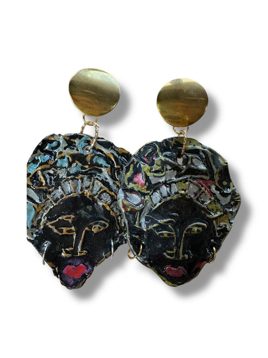 Unique Earrings Handmade Hand Painted Modern Earrings Tribal Abstract, African Face, Black, one of Kind 3"