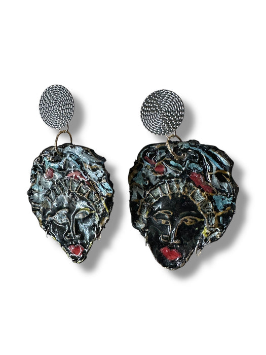 Unique Earrings Handmade Hand Painted Modern Earrings Tribal Abstract, African Face, Black, one of Kind 3"