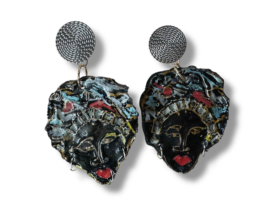 Unique Earrings Handmade Hand Painted Modern Earrings Tribal Abstract, African Face, Black, one of Kind 3"