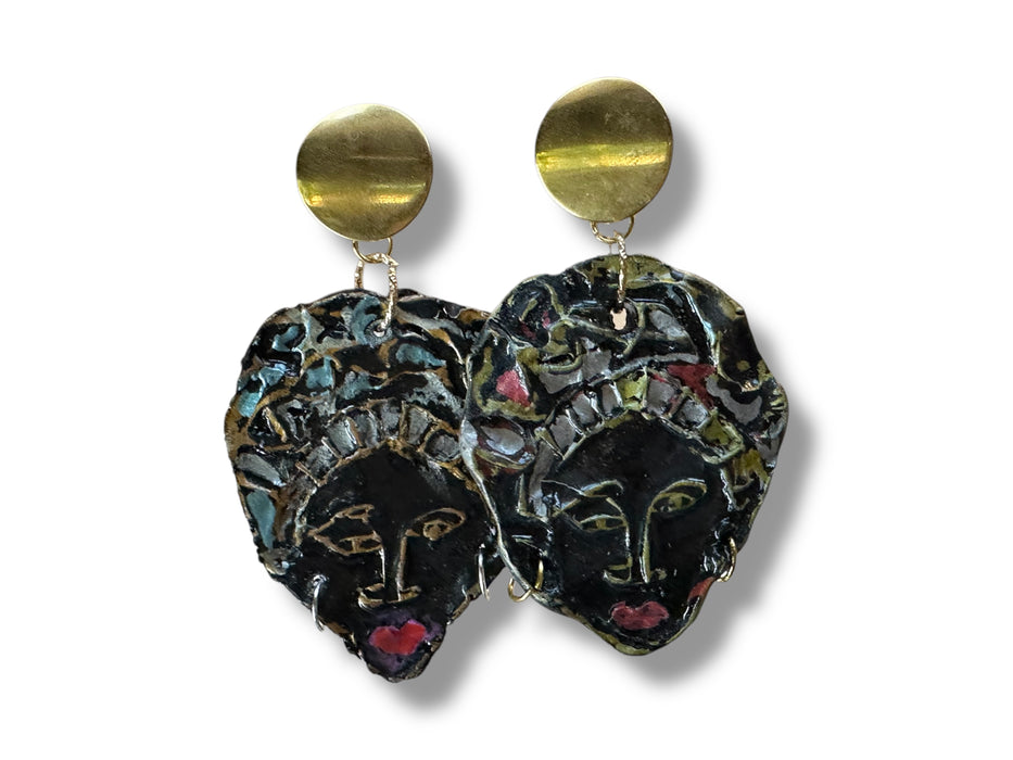 Unique Earrings Handmade Hand Painted Modern Earrings Tribal Abstract, African Face, Black, one of Kind 3"