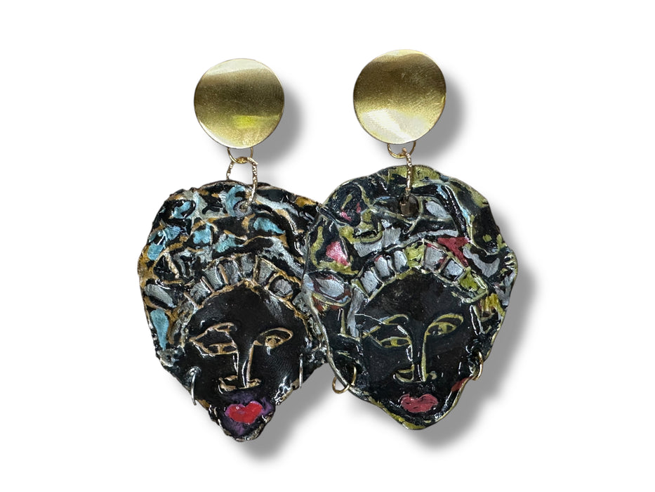 Unique Earrings Handmade Hand Painted Modern Earrings Tribal Abstract, African Face, Black, one of Kind 3"