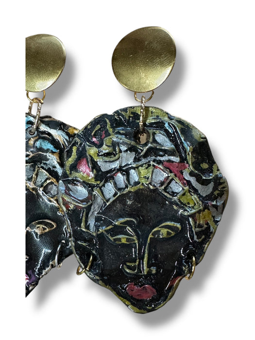 Unique Earrings Handmade Hand Painted Modern Earrings Tribal Abstract, African Face, Black, one of Kind 3"