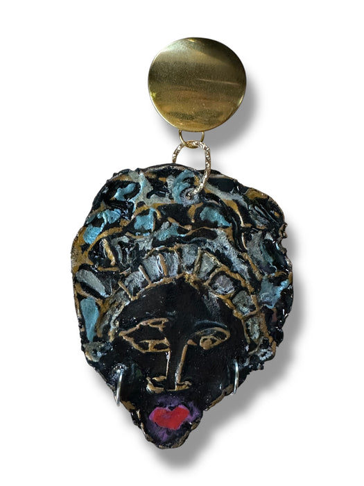 Unique Earrings Handmade Hand Painted Modern Earrings Tribal Abstract, African Face, Black, one of Kind 3"