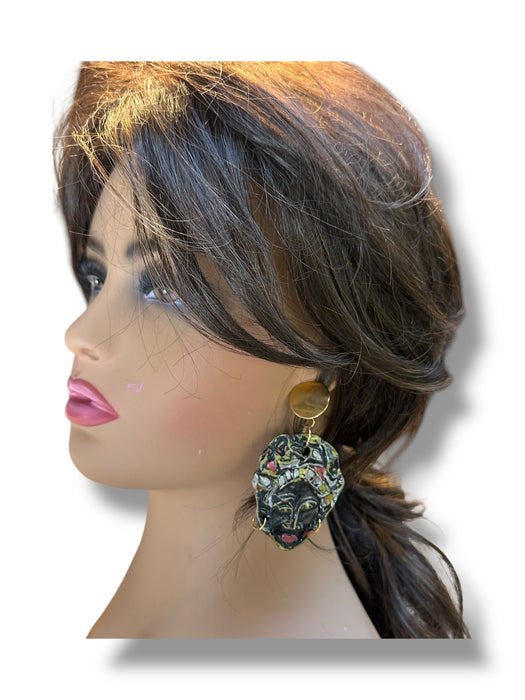 Unique Earrings Handmade Hand Painted Modern Earrings Tribal Abstract, African Face, Black, one of Kind 3"