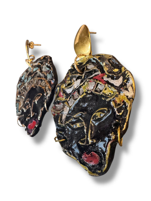 Unique Earrings Handmade Hand Painted Modern Earrings Tribal Abstract, African Face, Black, one of Kind 3"