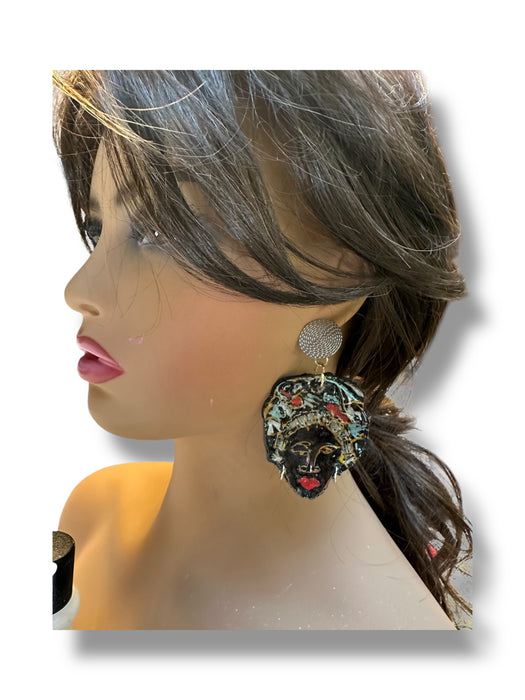 Unique Earrings Handmade Hand Painted Modern Earrings Tribal Abstract, African Face, Black, one of Kind 3"