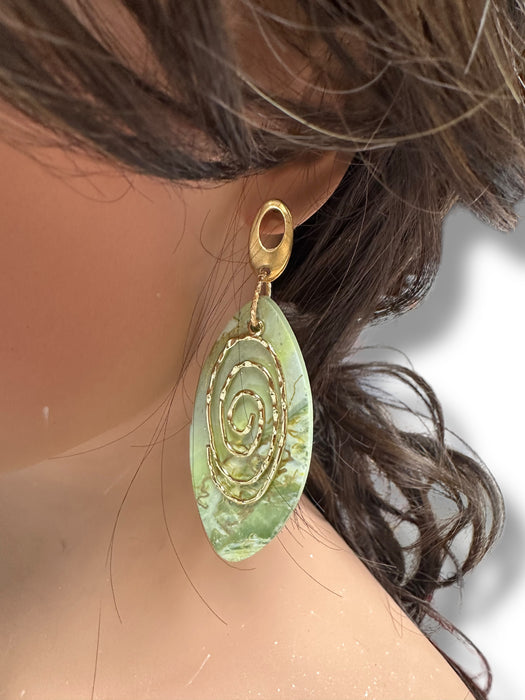 Handmade Modern Geometric Green Gold Earrings , Spiral, Minimalist, Polymer Clay Earrings