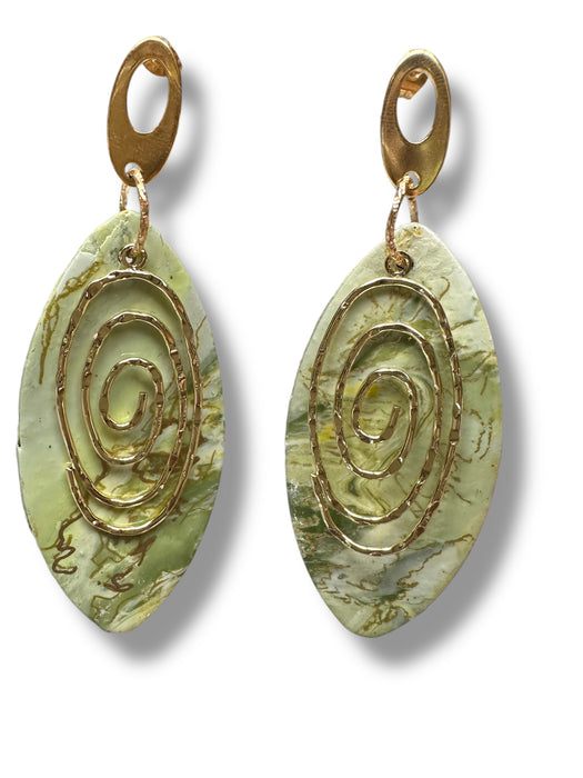 Handmade Modern Geometric Green Gold Earrings , Spiral, Minimalist, Polymer Clay Earrings