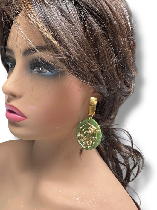 Unique Handmade Modern Geometric  Earrings , Spiral, Minimalist, Polymer Clay Earrings. One of kind, Oval Green and Gold Design