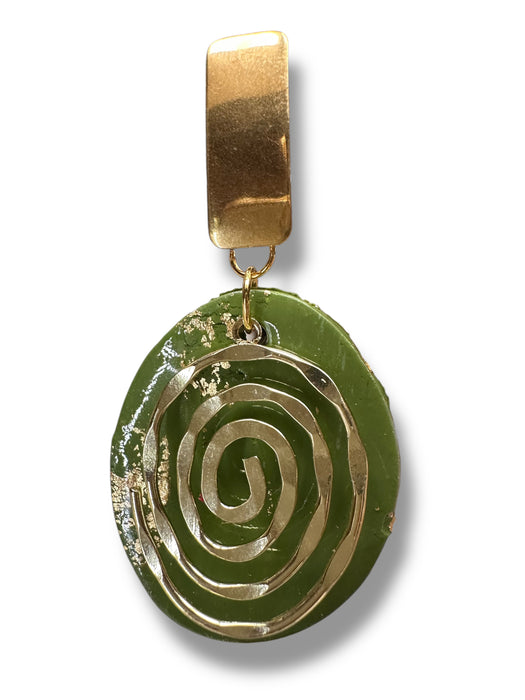 Unique Handmade Modern Geometric  Earrings , Spiral, Minimalist, Polymer Clay Earrings. One of kind, Oval Green and Gold Design