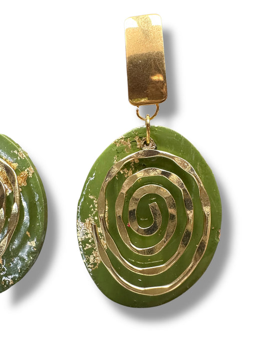 Unique Handmade Modern Geometric  Earrings , Spiral, Minimalist, Polymer Clay Earrings. One of kind, Oval Green and Gold Design