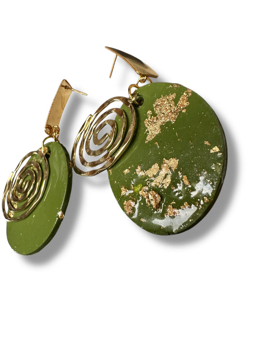 Unique Handmade Modern Geometric  Earrings , Spiral, Minimalist, Polymer Clay Earrings. One of kind, Oval Green and Gold Design