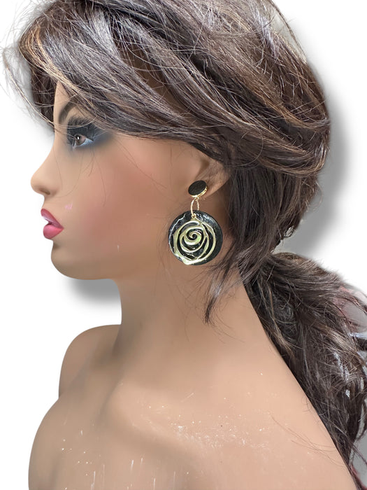 Unique Handmade Modern Circle Black and Gold Earrings , Spiral, Minimalist, Polymer Clay Earrings Geometric Design