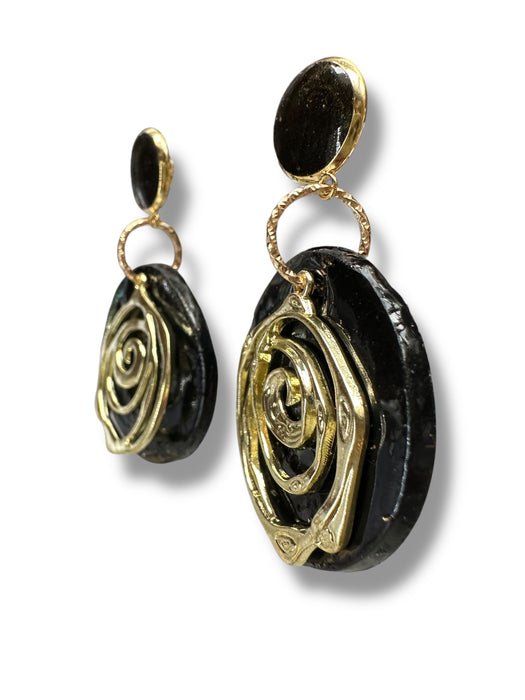 Unique Handmade Modern Circle Black and Gold Earrings , Spiral, Minimalist, Polymer Clay Earrings Geometric Design