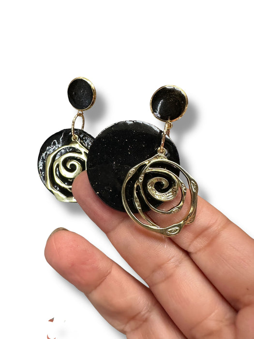 Unique Handmade Modern Circle Black and Gold Earrings , Spiral, Minimalist, Polymer Clay Earrings Geometric Design
