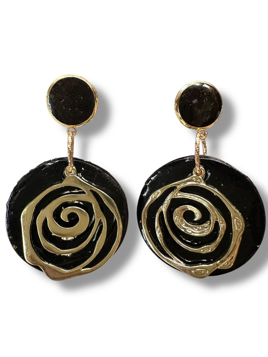 Unique Handmade Modern Circle Black and Gold Earrings , Spiral, Minimalist, Polymer Clay Earrings Geometric Design